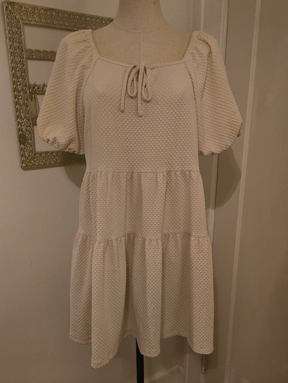 Hayden Cream Textured Tiered Puff-Sleeve Mini Dress